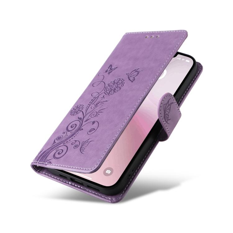 For iPhone 16e Embossed Butterfly Flowers Leather Phone Case(Purple) - iPhone 16e Cases by buy2fix | Online Shopping UK | buy2fix