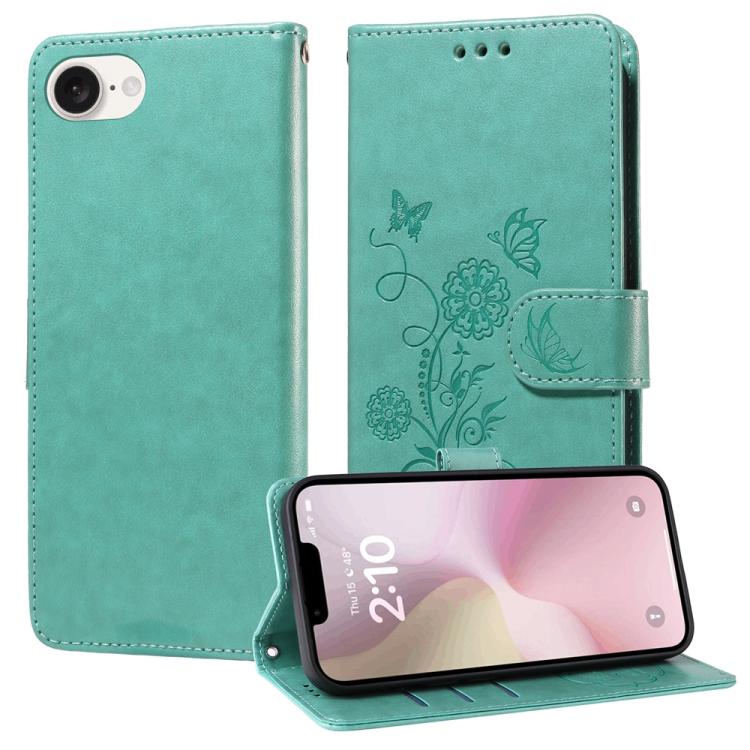 For iPhone 16e Embossed Butterfly Flowers Leather Phone Case(Green) - iPhone 16e Cases by buy2fix | Online Shopping UK | buy2fix