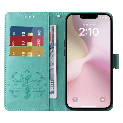 For iPhone 16e Embossed Butterfly Flowers Leather Phone Case(Green) - iPhone 16e Cases by buy2fix | Online Shopping UK | buy2fix