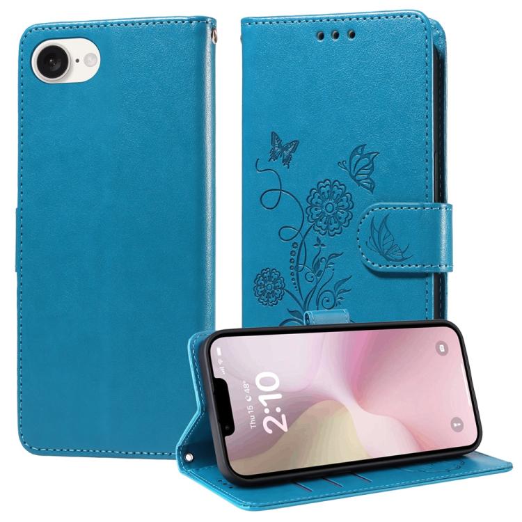 For iPhone 16e Embossed Butterfly Flowers Leather Phone Case(Blue) - iPhone 16e Cases by buy2fix | Online Shopping UK | buy2fix