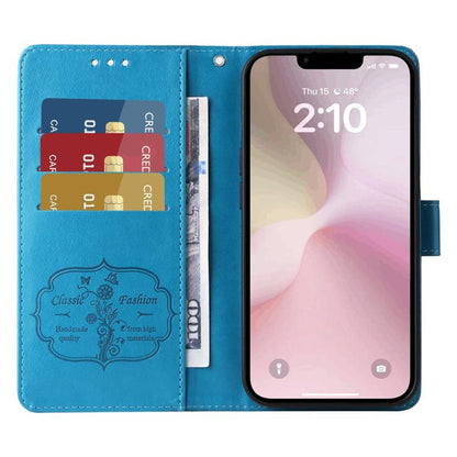 For iPhone 16e Embossed Butterfly Flowers Leather Phone Case(Blue) - iPhone 16e Cases by buy2fix | Online Shopping UK | buy2fix
