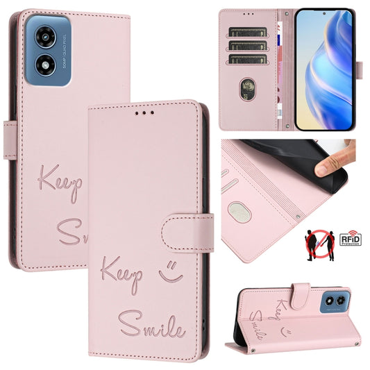 For Motorola Moto G 5G 2024 Global Smile Embossing RFID Leather Phone Case(Pink) by buy2fix