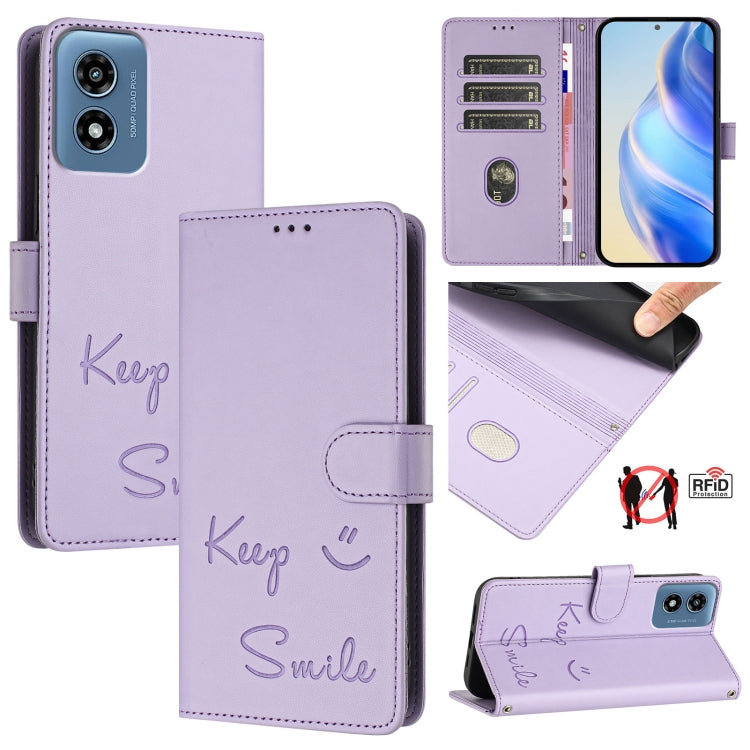 For Motorola Moto G 5G 2024 Global Smile Embossing RFID Leather Phone Case(Light Purple) by buy2fix