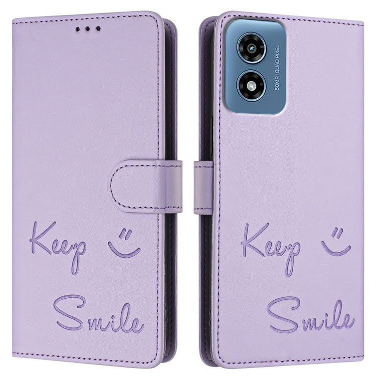 For Motorola Moto G 5G 2024 Global Smile Embossing RFID Leather Phone Case(Light Purple) by buy2fix