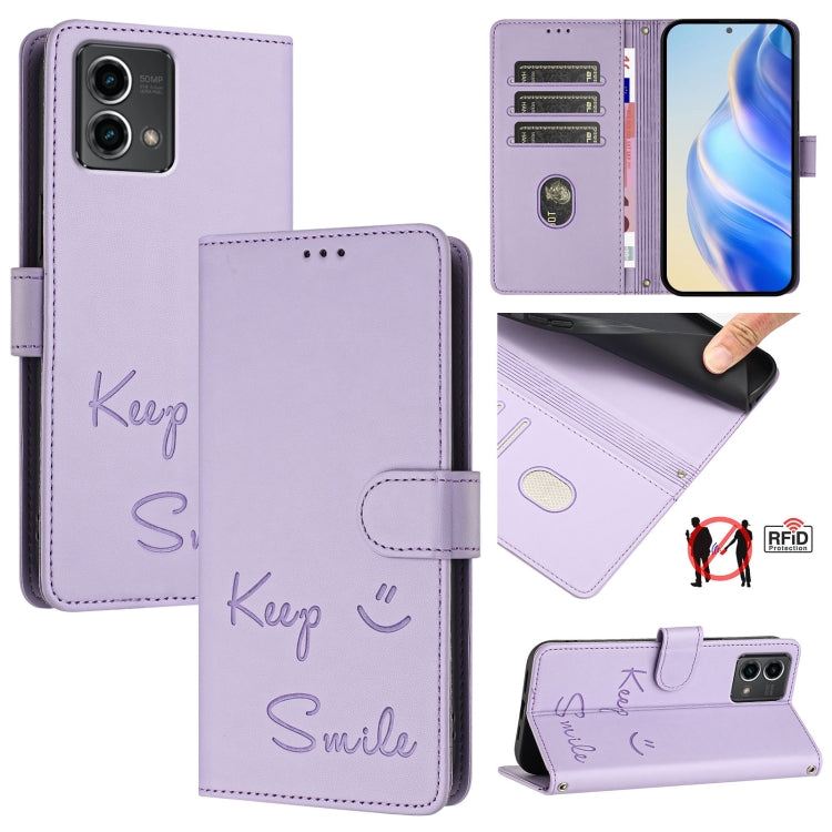 For Motorola Moto G Stylus 5G 2024 Smile Embossing RFID Leather Phone Case(Light Purple) by buy2fix