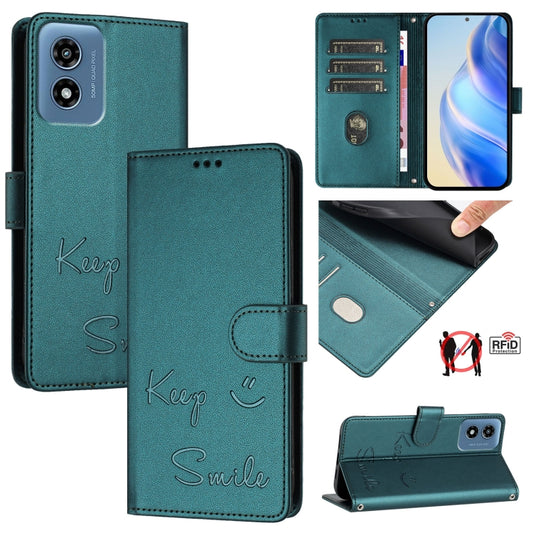 For Motorola Moto G Play 4G 2024 Global Smile Embossing RFID Leather Phone Case(Peacock Green) by buy2fix