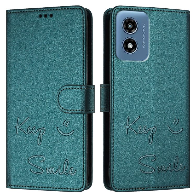 For Motorola Moto G Play 4G 2024 Global Smile Embossing RFID Leather Phone Case(Peacock Green) by buy2fix