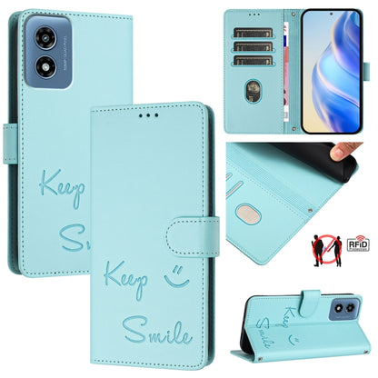 For Motorola Moto G Play 5G 2024 Global Smile Embossing RFID Leather Phone Case(Mint Green) by buy2fix