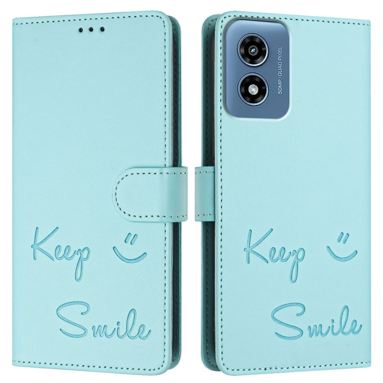 For Motorola Moto G Play 5G 2024 Global Smile Embossing RFID Leather Phone Case(Mint Green) by buy2fix
