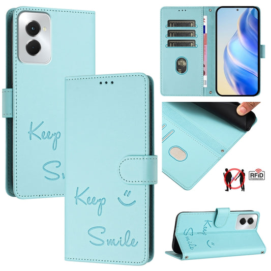 For Motorola Moto G Power 5G 2024 Smile Embossing RFID Leather Phone Case(Mint Green) by buy2fix