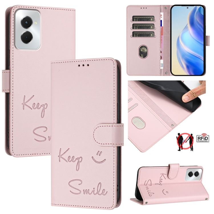 For Motorola Moto G Power 5G 2024 Smile Embossing RFID Leather Phone Case(Pink) by buy2fix