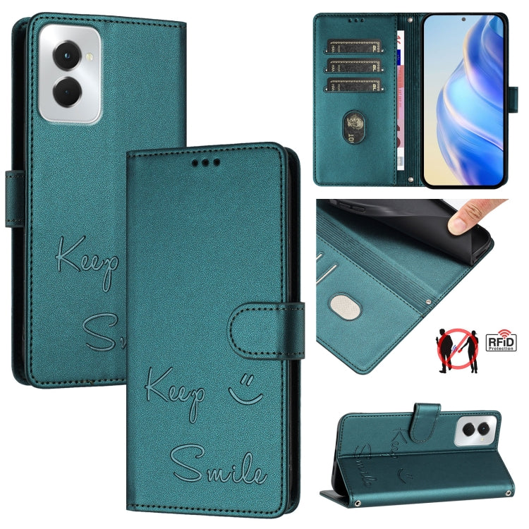 For Motorola Moto G Power 5G 2024 Smile Embossing RFID Leather Phone Case(Peacock Green) by buy2fix