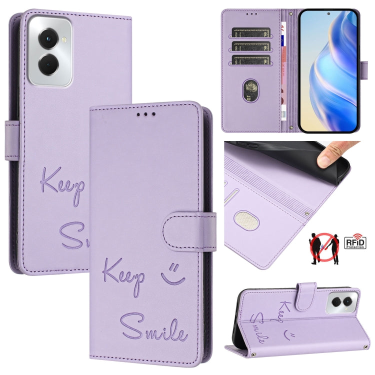 For Motorola Moto G Power 5G 2024 Smile Embossing RFID Leather Phone Case(Light Purple) by buy2fix