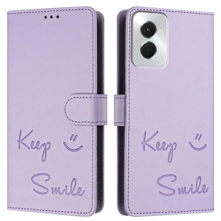For Motorola Moto G Power 5G 2024 Smile Embossing RFID Leather Phone Case(Light Purple) by buy2fix