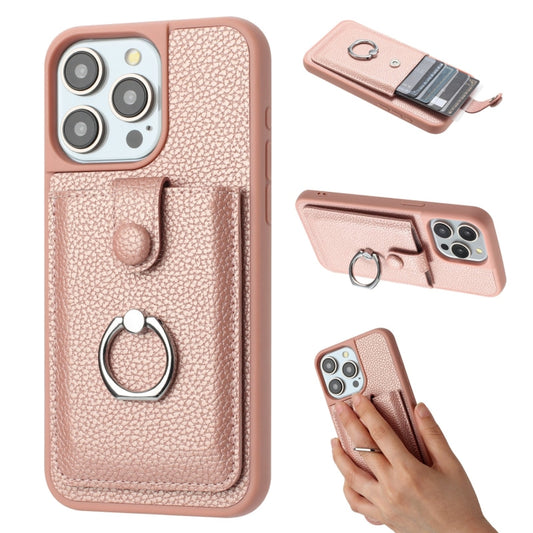 For iPhone 16 Pro Max Litchi Texture Drawing Card Bag Ring Holder Phone Case(Rose Gold) by buy2fix