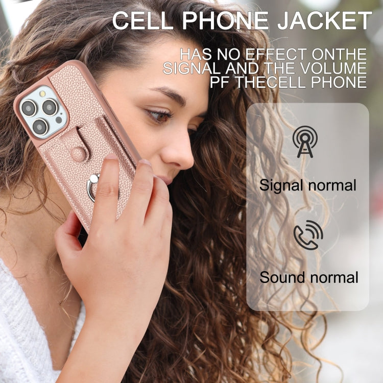 For iPhone 16 Pro Max Litchi Texture Drawing Card Bag Ring Holder Phone Case(Rose Gold) by buy2fix