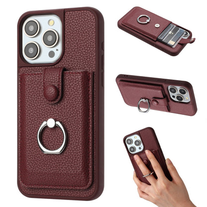 For iPhone 16 Pro Litchi Texture Drawing Card Bag Ring Holder Phone Case(Wine Red) by buy2fix