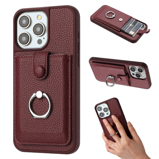 For iPhone 16 Pro Litchi Texture Drawing Card Bag Ring Holder Phone Case(Wine Red) by buy2fix
