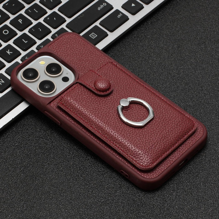 For iPhone 16 Pro Litchi Texture Drawing Card Bag Ring Holder Phone Case(Wine Red) by buy2fix