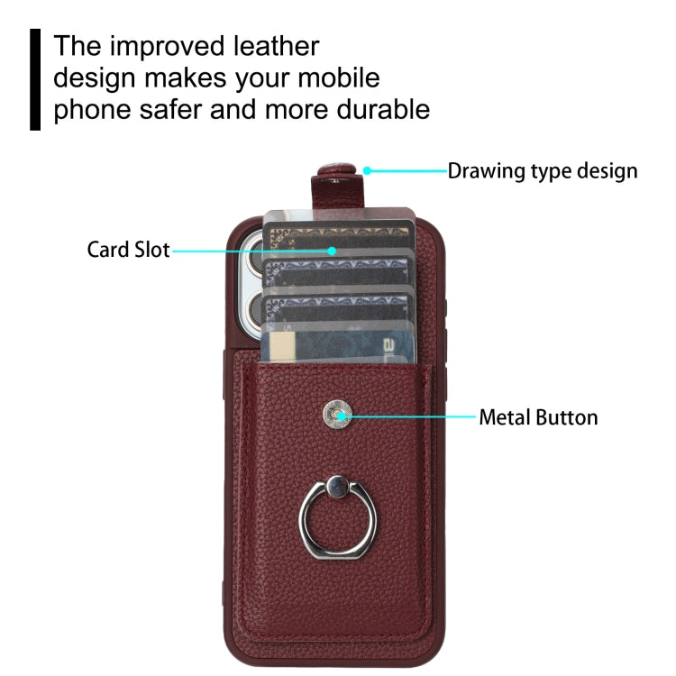For iPhone 16 Pro Litchi Texture Drawing Card Bag Ring Holder Phone Case(Wine Red) by buy2fix