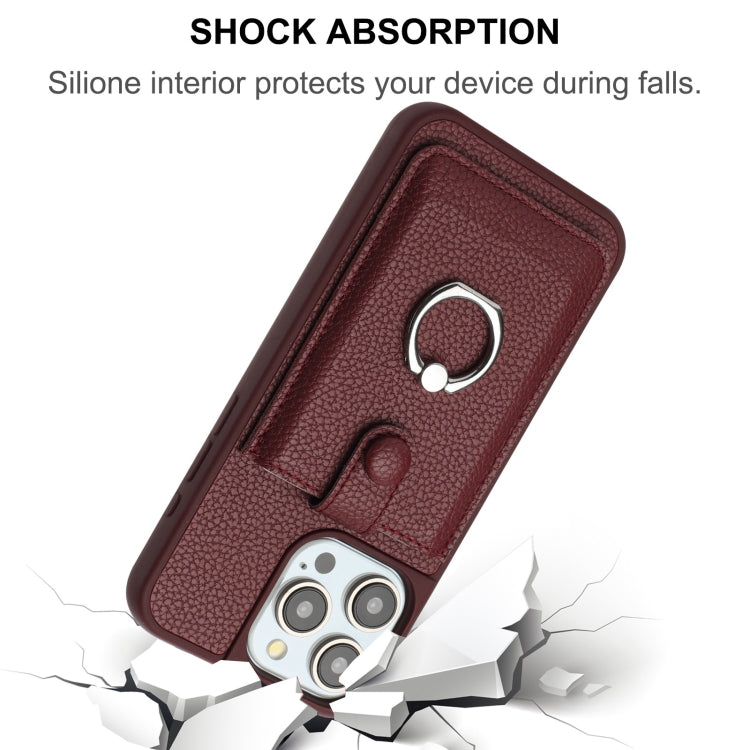 For iPhone 16 Pro Litchi Texture Drawing Card Bag Ring Holder Phone Case(Wine Red) by buy2fix