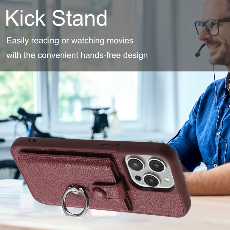 For iPhone 16 Pro Litchi Texture Drawing Card Bag Ring Holder Phone Case(Wine Red) by buy2fix