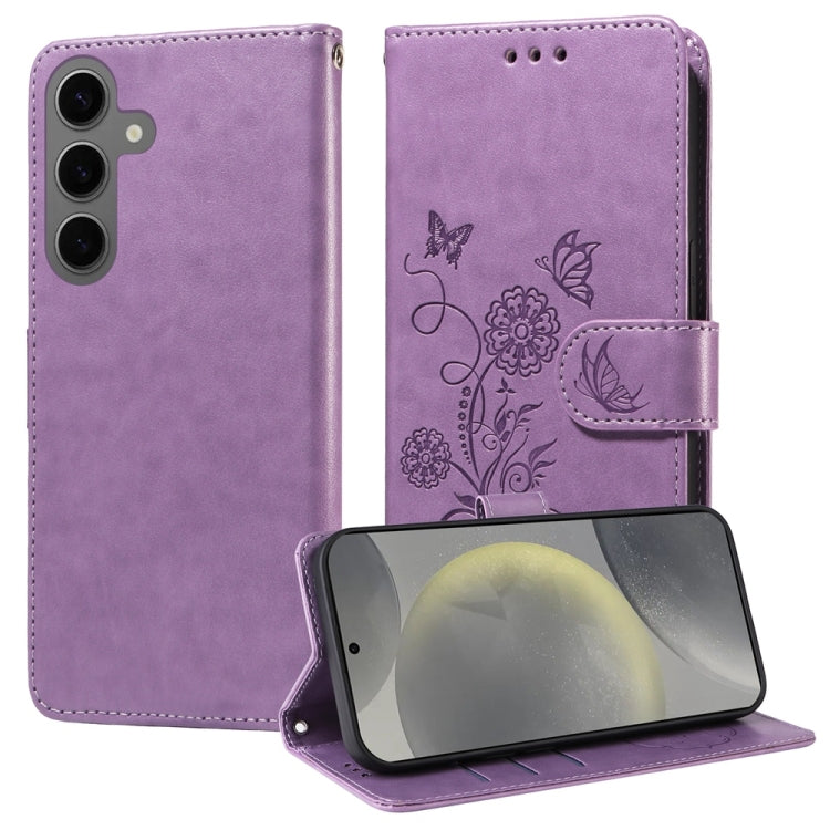 For Samsung Galaxy S25 5G Embossed Butterfly Flowers Leather Phone Case(Purple) by buy2fix
