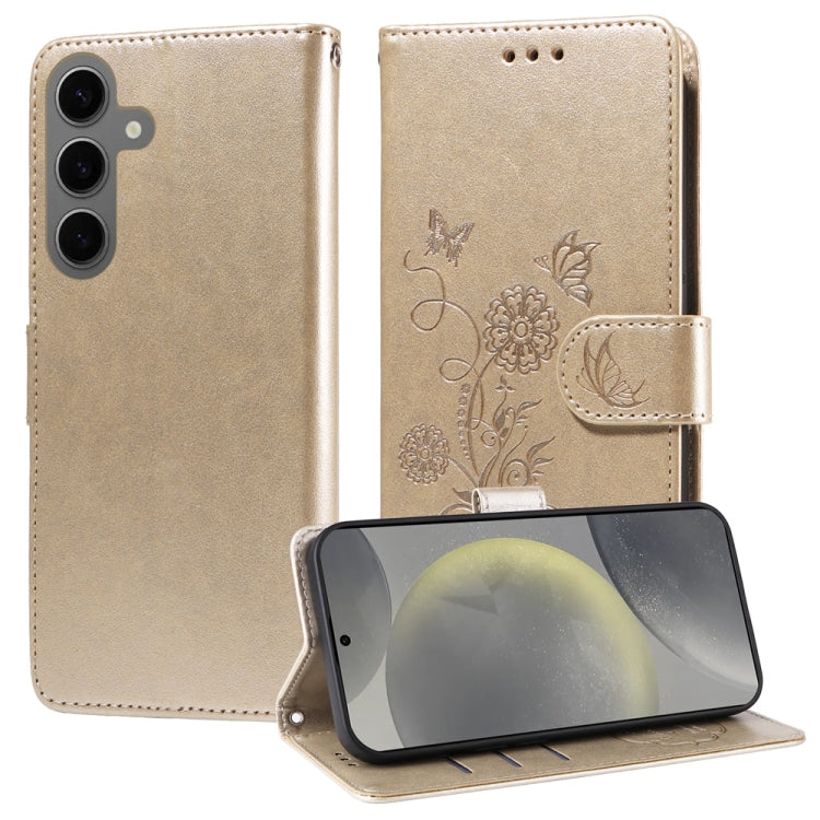 For Samsung Galaxy S25 5G Embossed Butterfly Flowers Leather Phone Case(Gold) by buy2fix