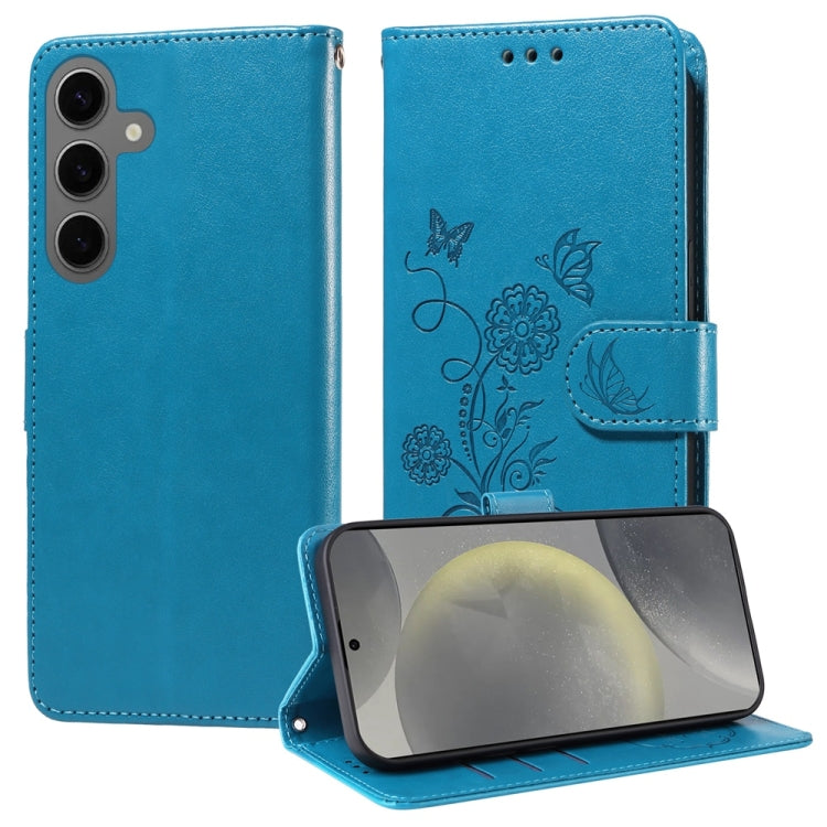 For Samsung Galaxy S25 5G Embossed Butterfly Flowers Leather Phone Case(Blue) by buy2fix