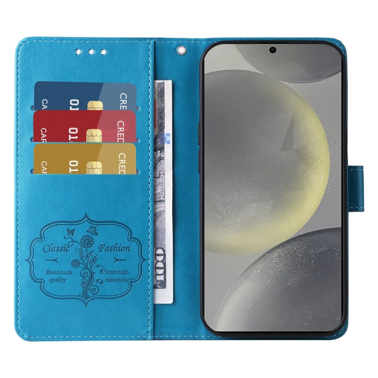 For Samsung Galaxy S25 5G Embossed Butterfly Flowers Leather Phone Case(Blue) by buy2fix