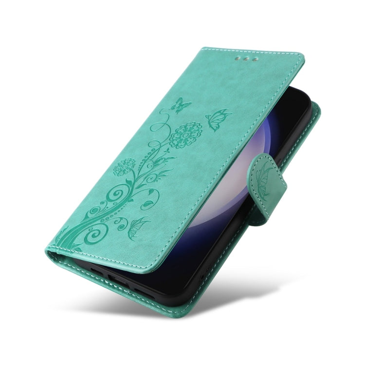 For Samsung Galaxy S25+ 5G Embossed Butterfly Flowers Leather Phone Case(Green) by buy2fix
