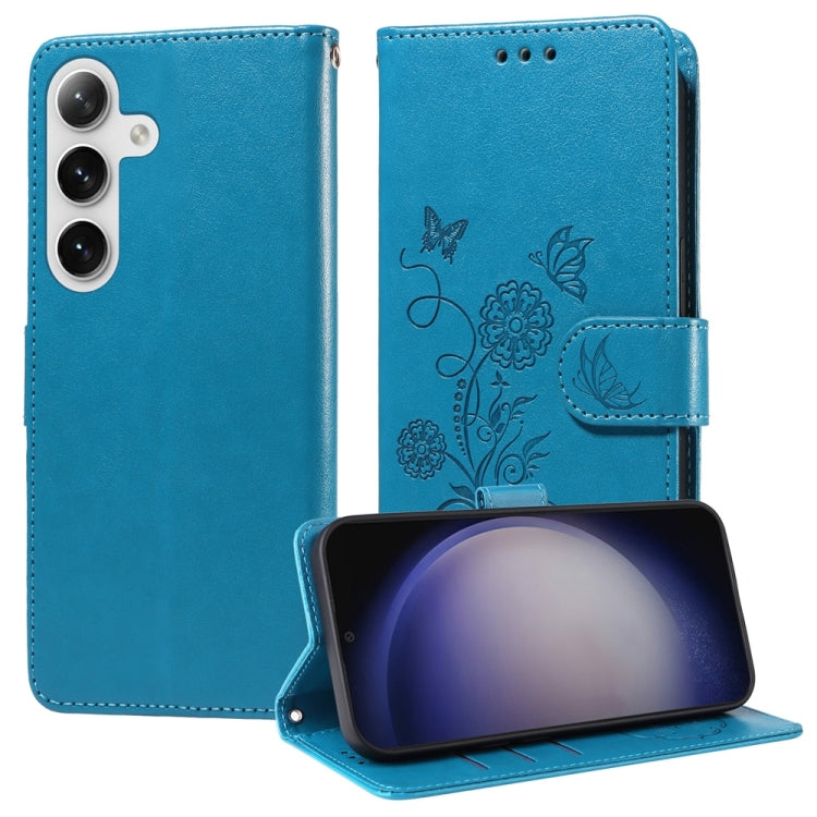 For Samsung Galaxy S25+ 5G Embossed Butterfly Flowers Leather Phone Case(Blue) by buy2fix