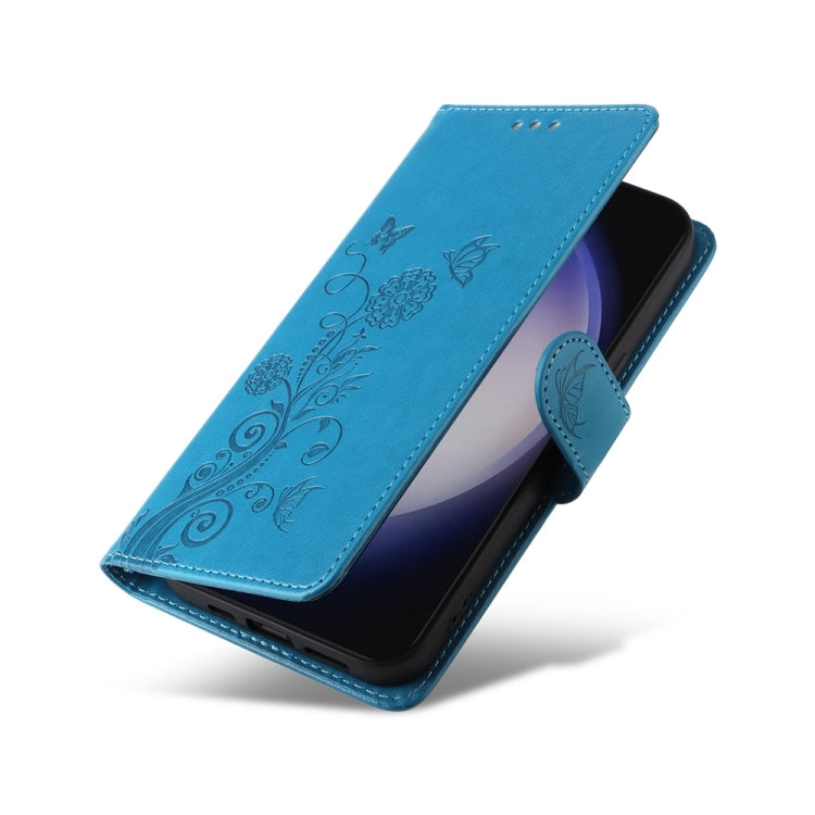 For Samsung Galaxy S25+ 5G Embossed Butterfly Flowers Leather Phone Case(Blue) by buy2fix