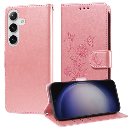 For Samsung Galaxy S25+ 5G Embossed Butterfly Flowers Leather Phone Case(Rose Gold) by buy2fix