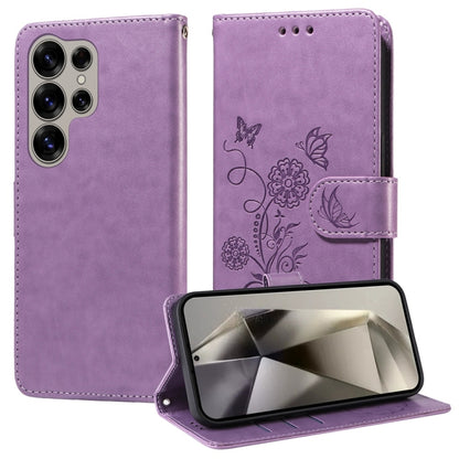 For Samsung Galaxy S25 Ultra 5G Embossed Butterfly Flowers Leather Phone Case(Purple) by buy2fix