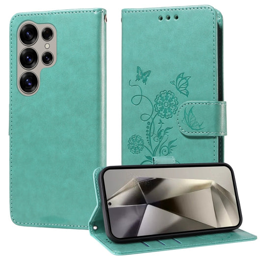 For Samsung Galaxy S25 Ultra 5G Embossed Butterfly Flowers Leather Phone Case(Green) by buy2fix