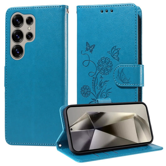 For Samsung Galaxy S25 Ultra 5G Embossed Butterfly Flowers Leather Phone Case(Blue) by buy2fix