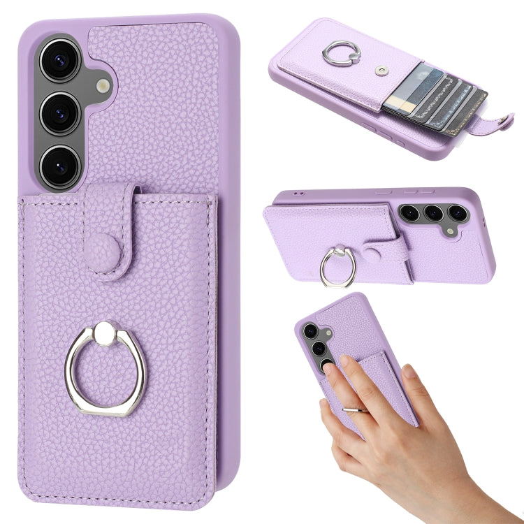 For Samsung Galaxy S25 5G Litchi Texture Drawing Card Bag Ring Holder Phone Case(Purple) by buy2fix