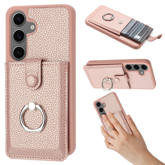 For Samsung Galaxy S25+ 5G Litchi Texture Drawing Card Bag Ring Holder Phone Case(Rose Gold) by buy2fix
