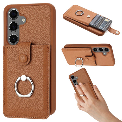 For Samsung Galaxy S25+ 5G Litchi Texture Drawing Card Bag Ring Holder Phone Case(Brown) by buy2fix