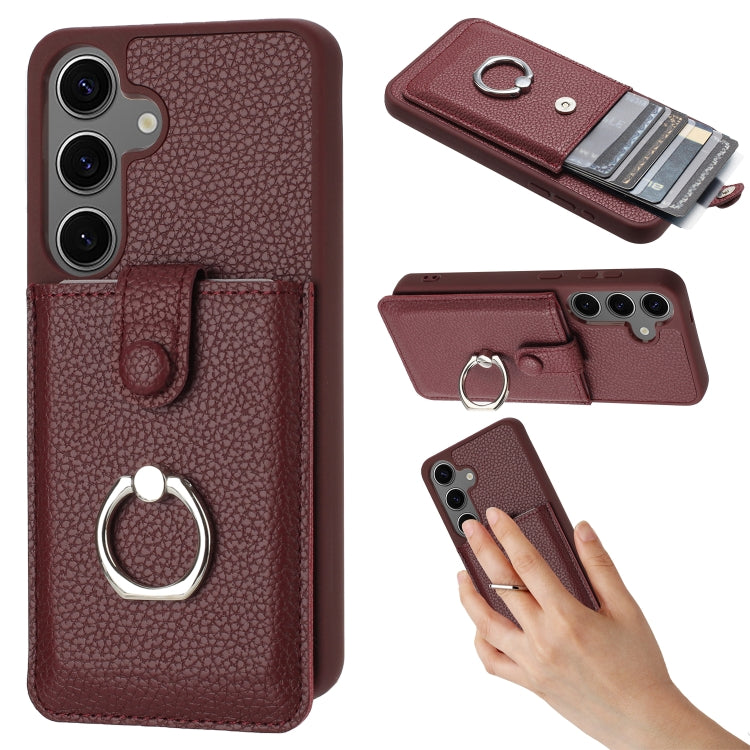 For Samsung Galaxy S25+ 5G Litchi Texture Drawing Card Bag Ring Holder Phone Case(Wine Red) by buy2fix