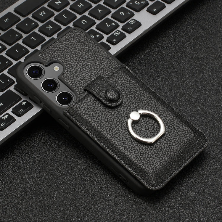 For Samsung Galaxy S25+ 5G Litchi Texture Drawing Card Bag Ring Holder Phone Case(Black) by buy2fix