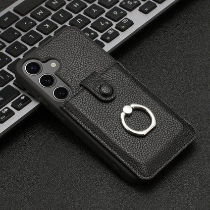 For Samsung Galaxy S25+ 5G Litchi Texture Drawing Card Bag Ring Holder Phone Case(Black) by buy2fix