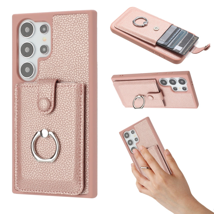 For Samsung Galaxy S25 Ultra 5G Litchi Texture Drawing Card Bag Ring Holder Phone Case(Rose Gold) by buy2fix