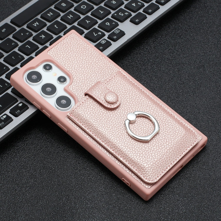 For Samsung Galaxy S25 Ultra 5G Litchi Texture Drawing Card Bag Ring Holder Phone Case(Rose Gold) by buy2fix