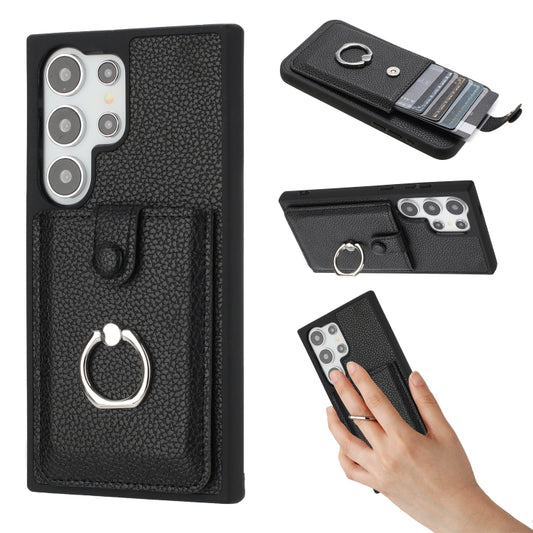 For Samsung Galaxy S25 Ultra 5G Litchi Texture Drawing Card Bag Ring Holder Phone Case(Black) by buy2fix