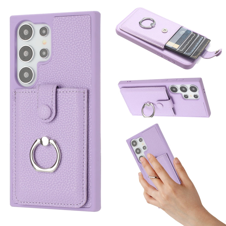 For Samsung Galaxy S25 Ultra 5G Litchi Texture Drawing Card Bag Ring Holder Phone Case(Purple) by buy2fix