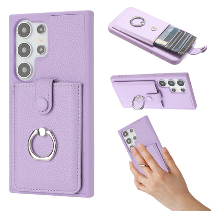 For Samsung Galaxy S25 Ultra 5G Litchi Texture Drawing Card Bag Ring Holder Phone Case(Purple) by buy2fix