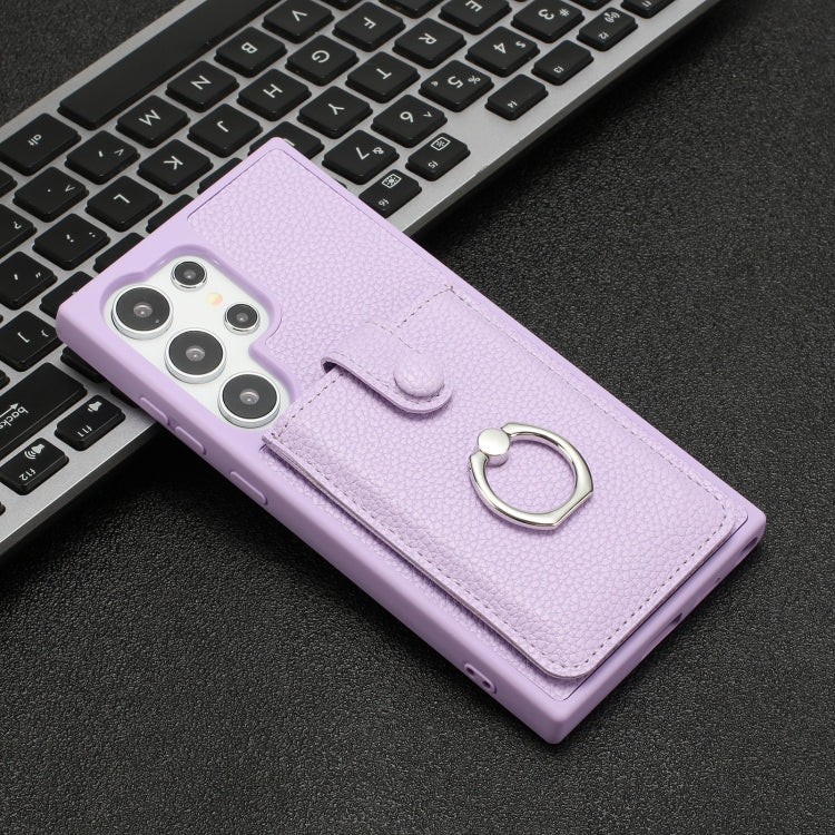 For Samsung Galaxy S25 Ultra 5G Litchi Texture Drawing Card Bag Ring Holder Phone Case(Purple) by buy2fix