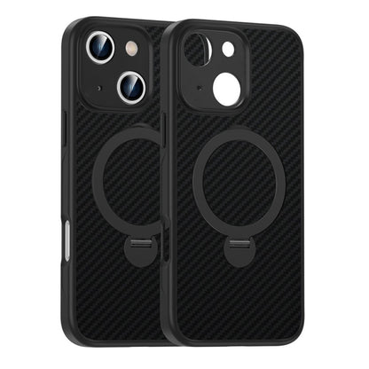 For iPhone 14 Carbon Fiber MagSafe 360 Degree Rotating Holder Phone Case(Black) by buy2fix